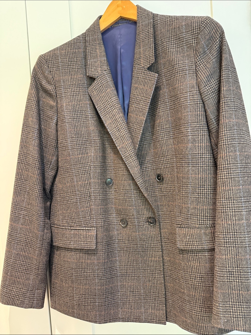 Brown Gray Glen Plaid Double-Breasted Blazer -